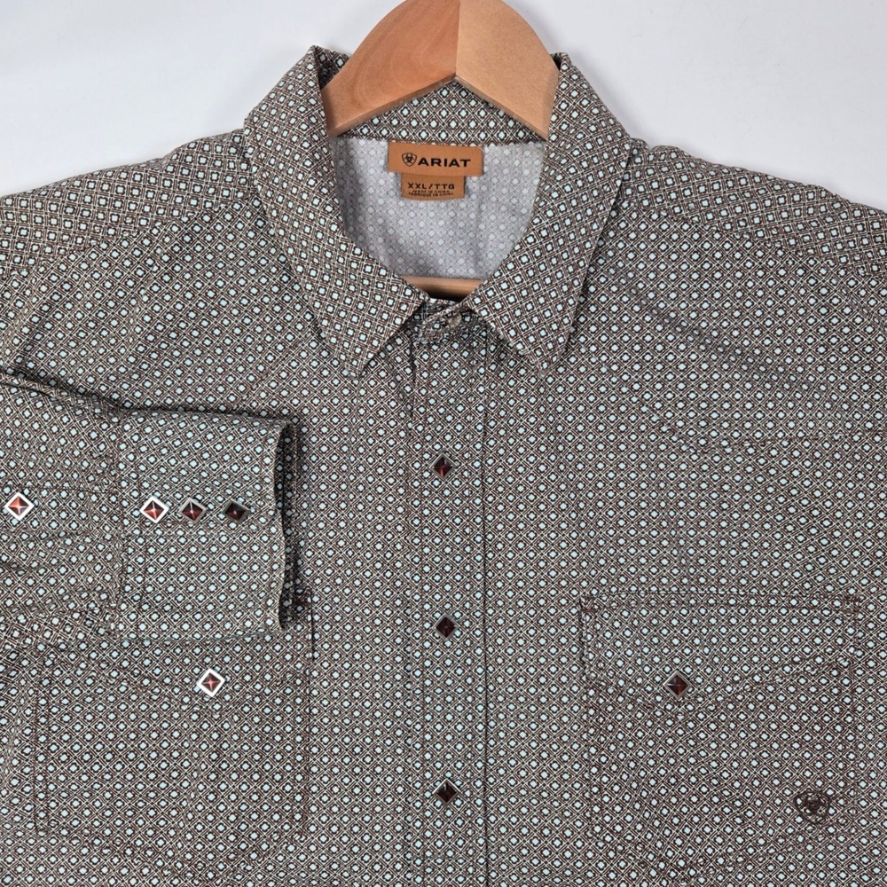 Ariat Western Shirt Mens XXL Brown Blue Geometric Pearl Snap Long Sleeve Cowboy